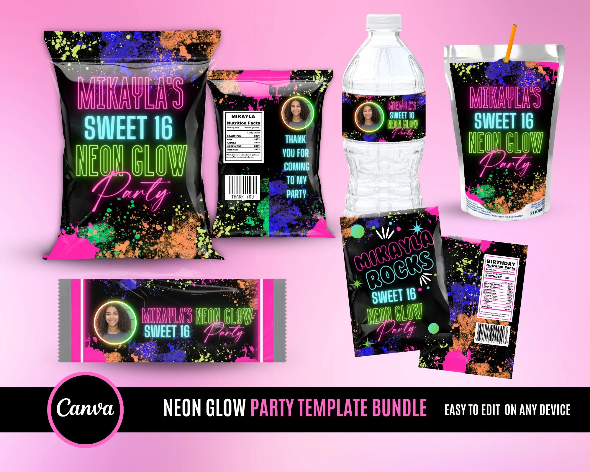 Neon Birthday Party Templates