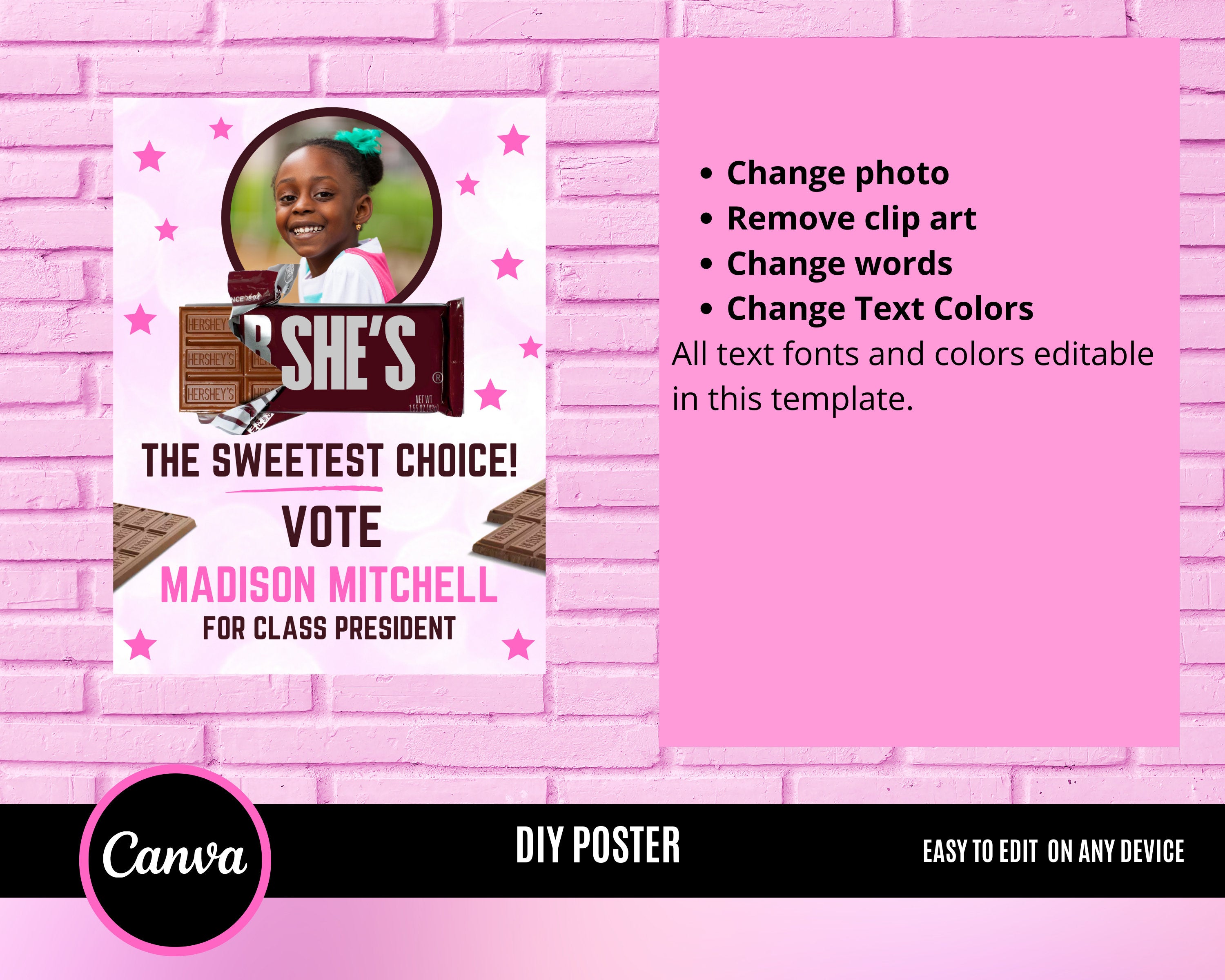 Election Campaign Poster, Hershey Poster, Homecoming Poster, Vote for me poster, Poster is for any election title edit with canva
