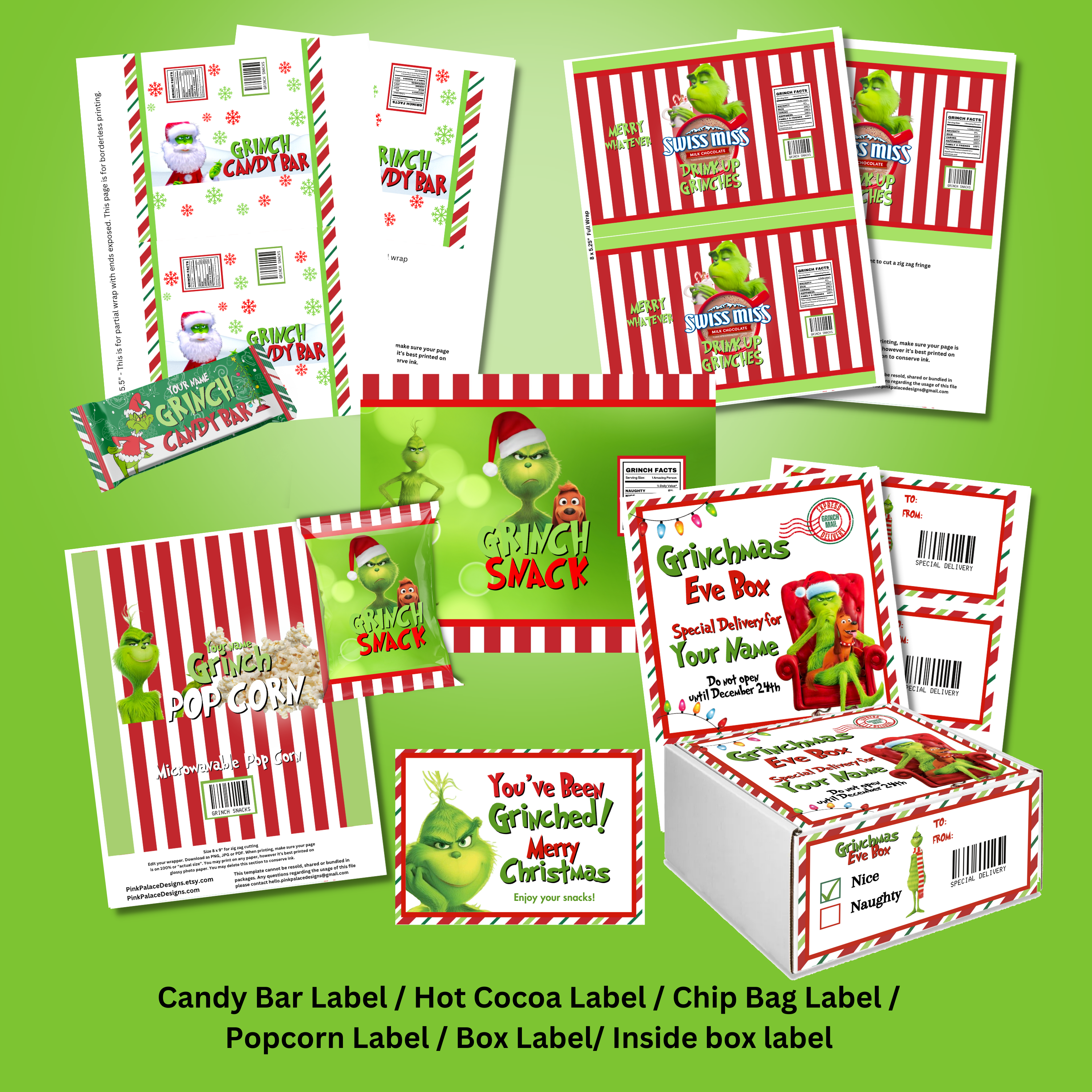 Grinch Popcorn Wrappers Editable Instant Download 