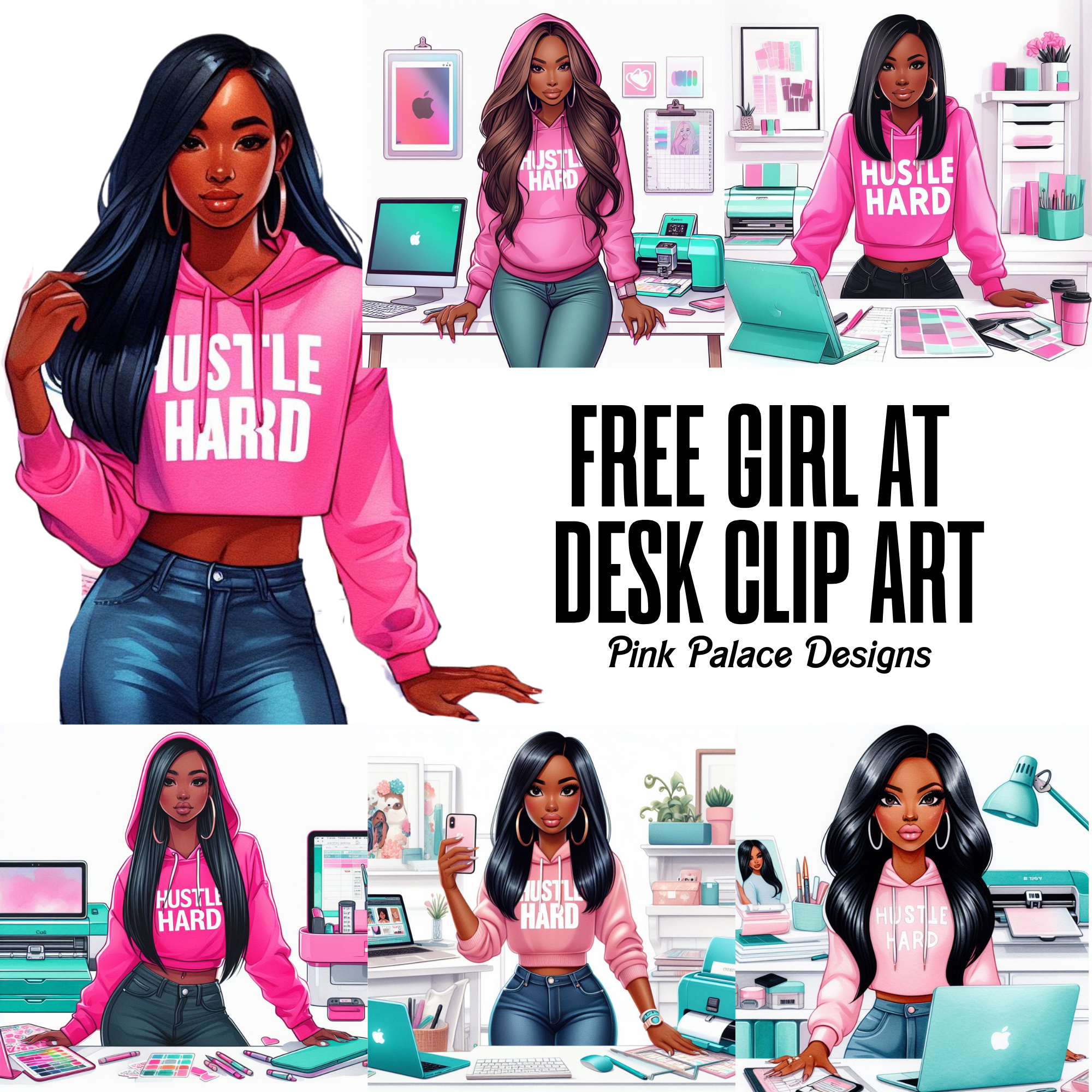 Girl at Desk Pink and Teal - African American