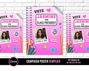 3 Campaign Posters, Vote Poster, Homecoming Poster, class treasurer, class president, Class campaign, Edit Online then Print poster