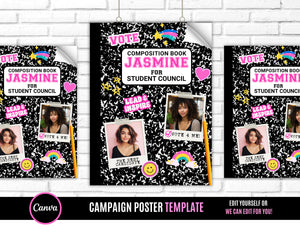 3 Campaign Posters, Vote Poster, Homecoming Poster, class treasurer, class president, Class campaign, Edit Online then Print poster