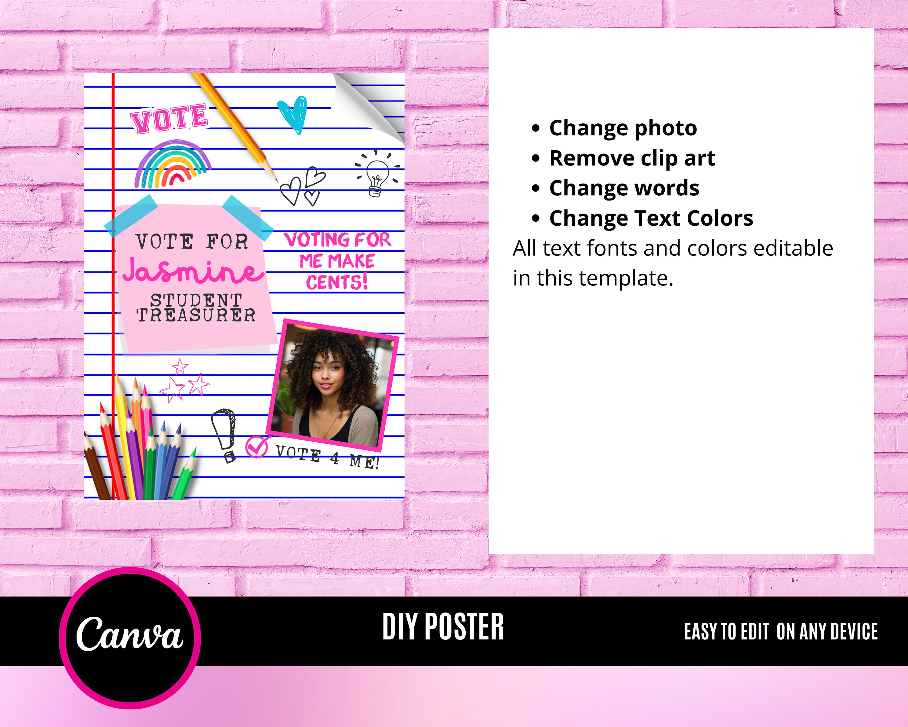 3 Campaign Posters, Vote Poster, Homecoming Poster, class treasurer, class president, Class campaign, Edit Online then Print poster