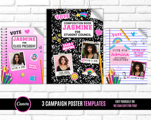 3 Campaign Posters, Vote Poster, Homecoming Poster, class treasurer, class president, Class campaign, Edit Online then Print poster
