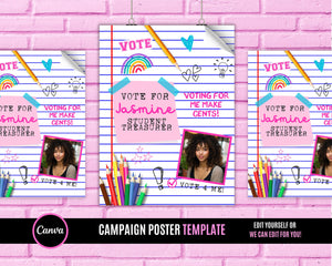 3 Campaign Posters, Vote Poster, Homecoming Poster, class treasurer, class president, Class campaign, Edit Online then Print poster