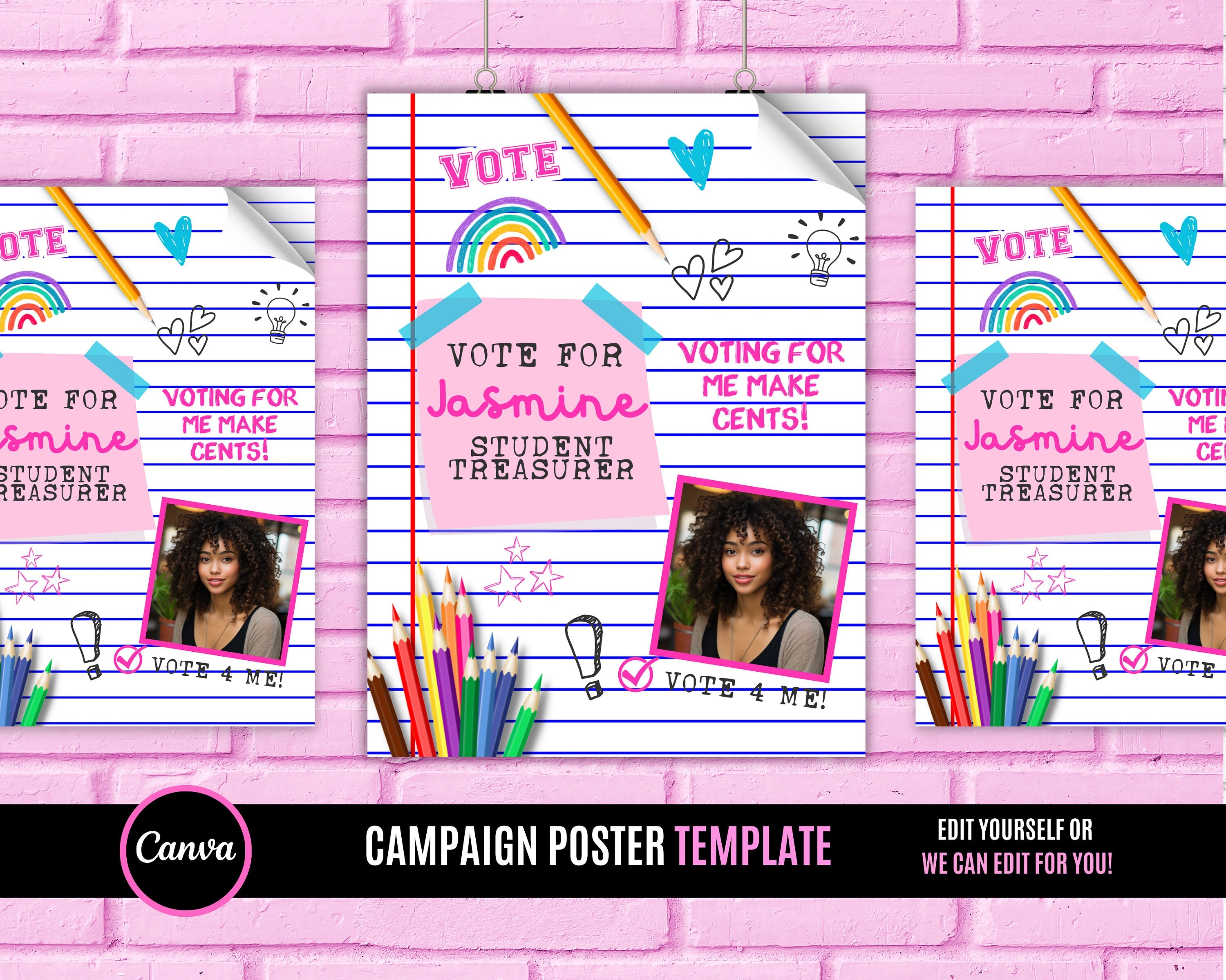 3 Campaign Posters, Vote Poster, Homecoming Poster, class treasurer, class president, Class campaign, Edit Online then Print poster